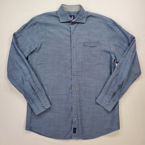 Johnnie-O Shirt Mens Large Chambray Tailored Fit Casual Button Up Coastal Preppy - Picture 1 of 14